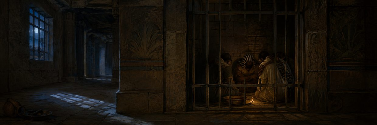 Armed captors huddle fearfully behind barred doors as oppressive darkness and imagined threats surround them